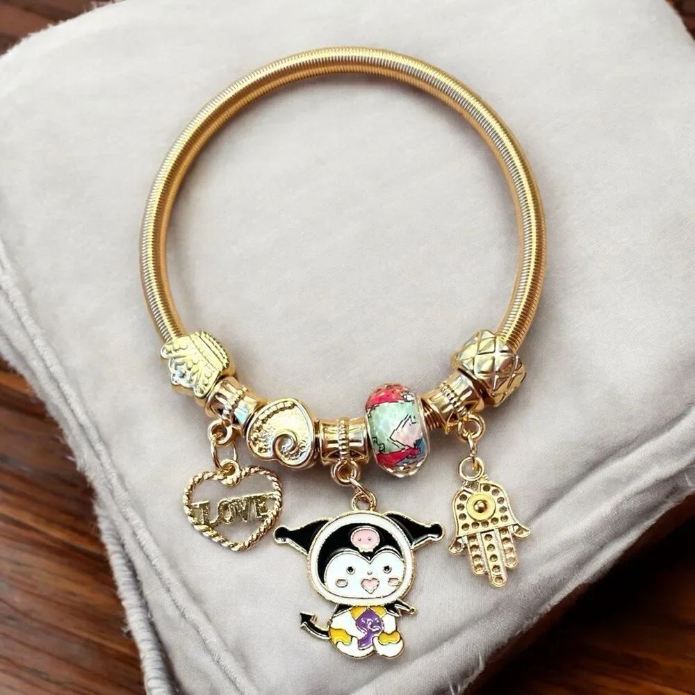 Kuromi Hamsa Love Heart Gold Tone Stretch Charm Bracelet